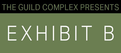 Exhibit B logo, text on black and green background