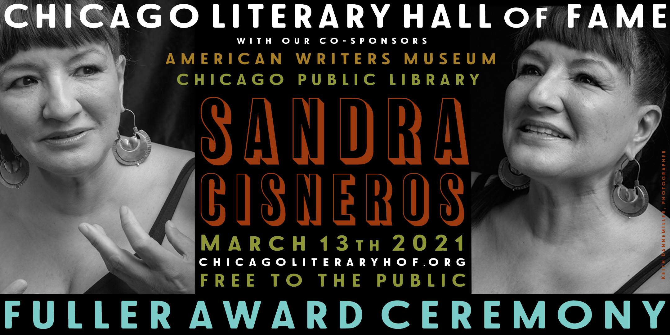 IMAGE: two photos of Sandra Disneros, speaking and smiling. TEXT: Event information