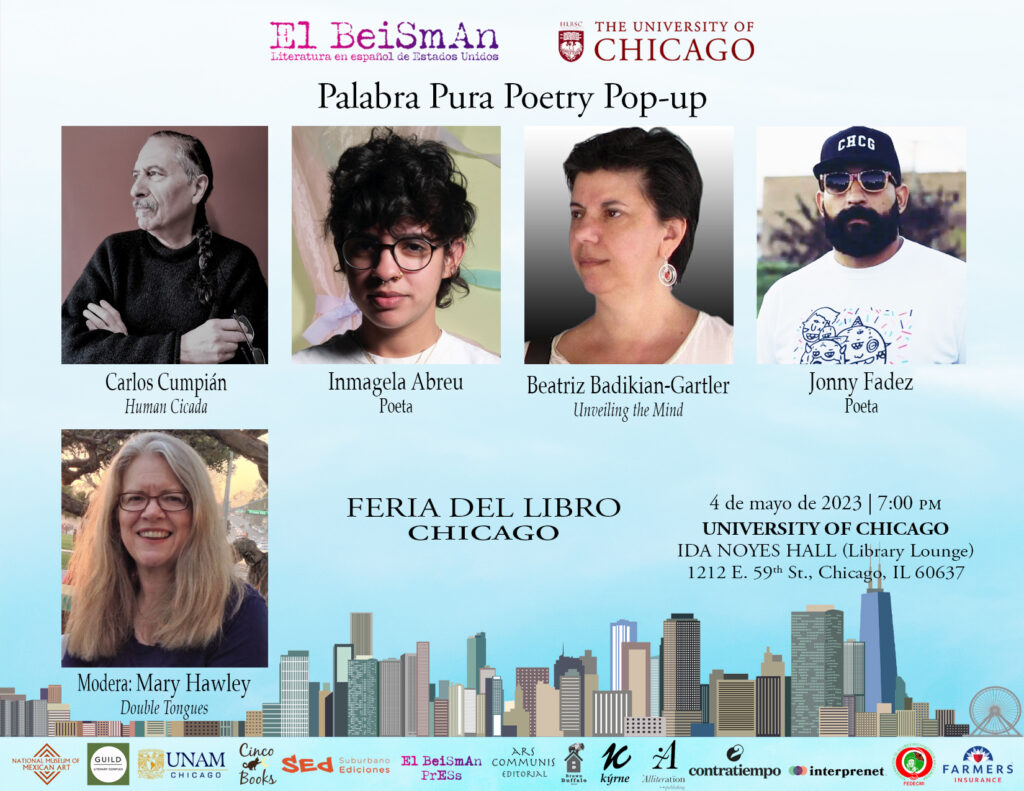 Event flyer for Palabra Pura Poetry Pop-Up with author headshots for Carlos Cumpian, Inmagela Abreu, Beatriz Badikian-Gartler, Jonny Fadez, and moderator Mary Hawley.