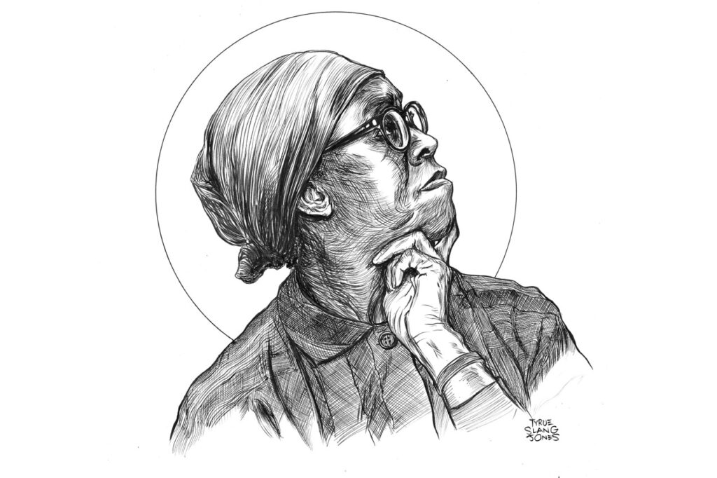 Black and white drawing of Gwendolyn Brooks looking to the side.