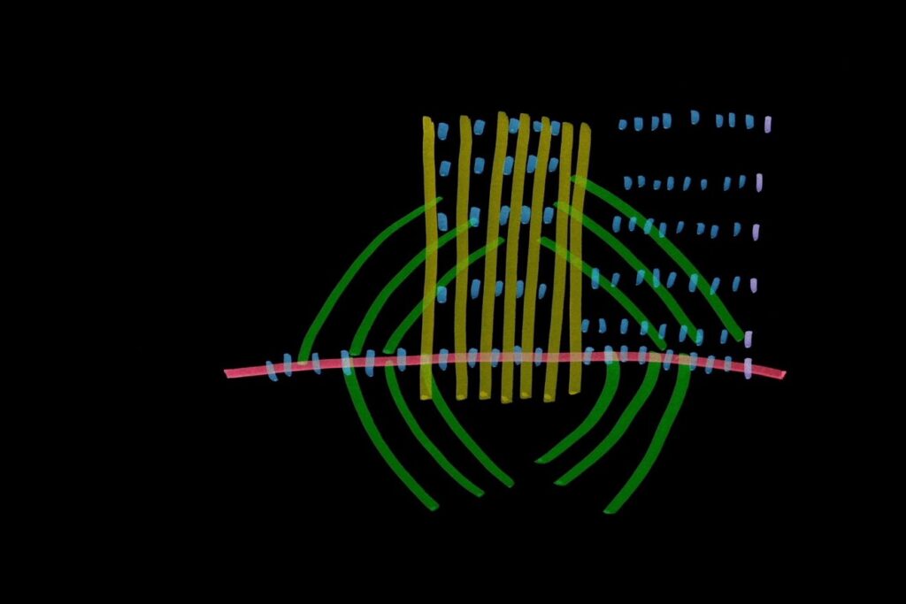 Abstract illustration of colorful lines on a black background.