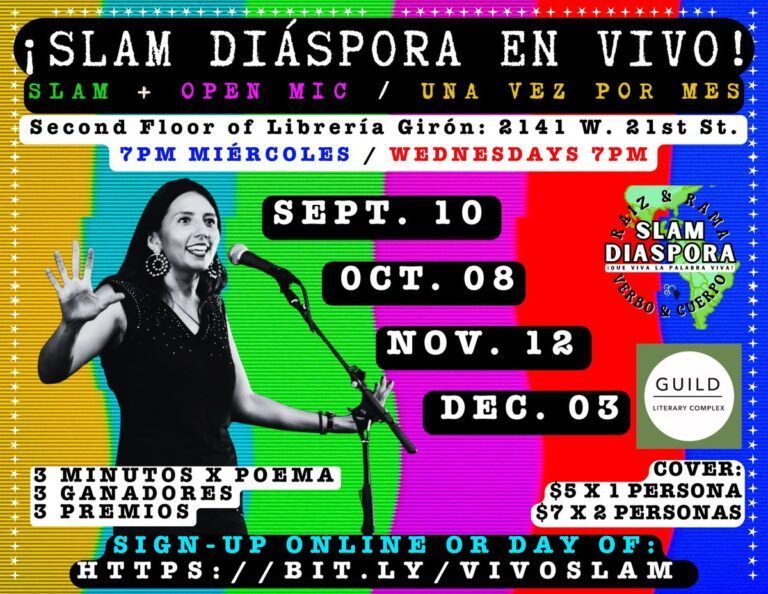 rainbow colors background thick stripes with black and white lettering- picture of Crystal Vance Guerra and info for Slam Diáspora
