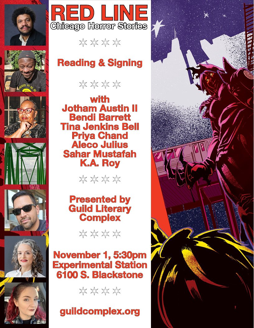 flyer for Red Line anthology event, with the anthology cover of a red monster on the right and authors' photos on the left, red text of the information in the middle.