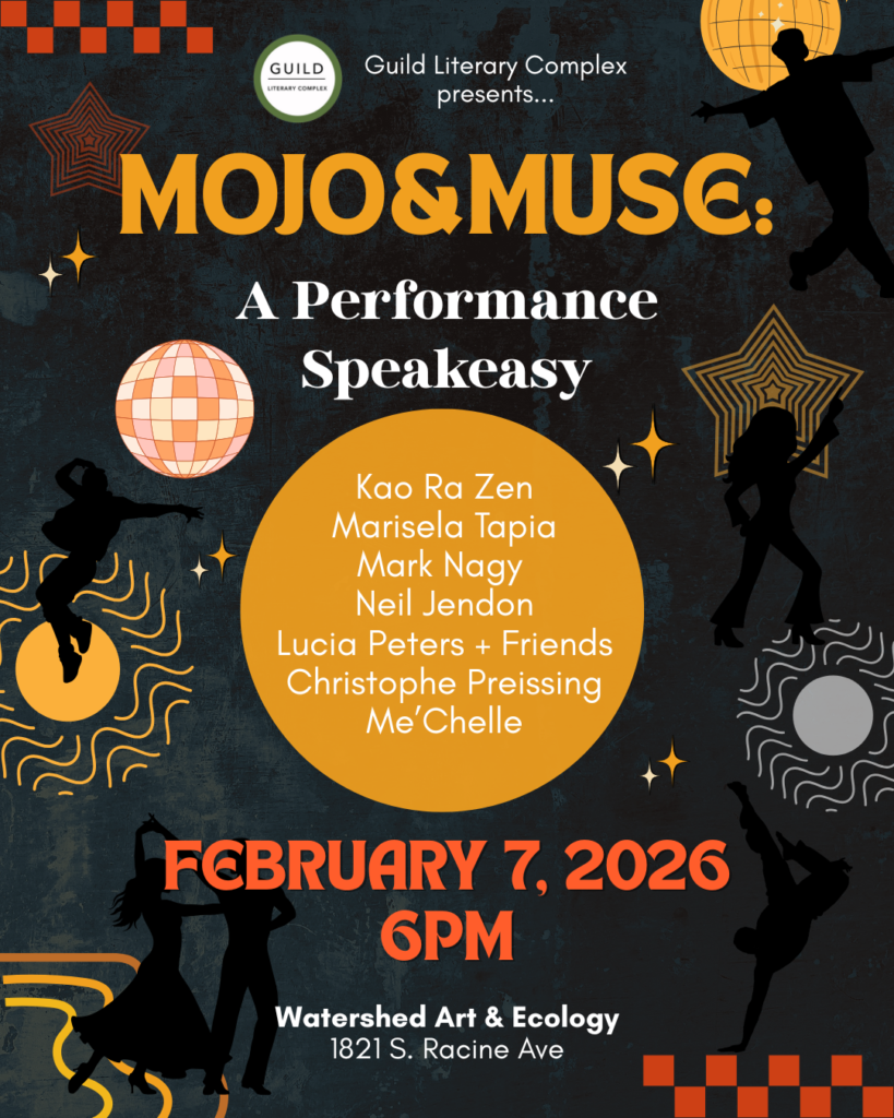Eclectic party flyer for the MOJO&MUSE performance speakeasy with performers' names and event information on a black flyer with yellow and orange text. Images of stars, circle shapes, and bodies dancing.
