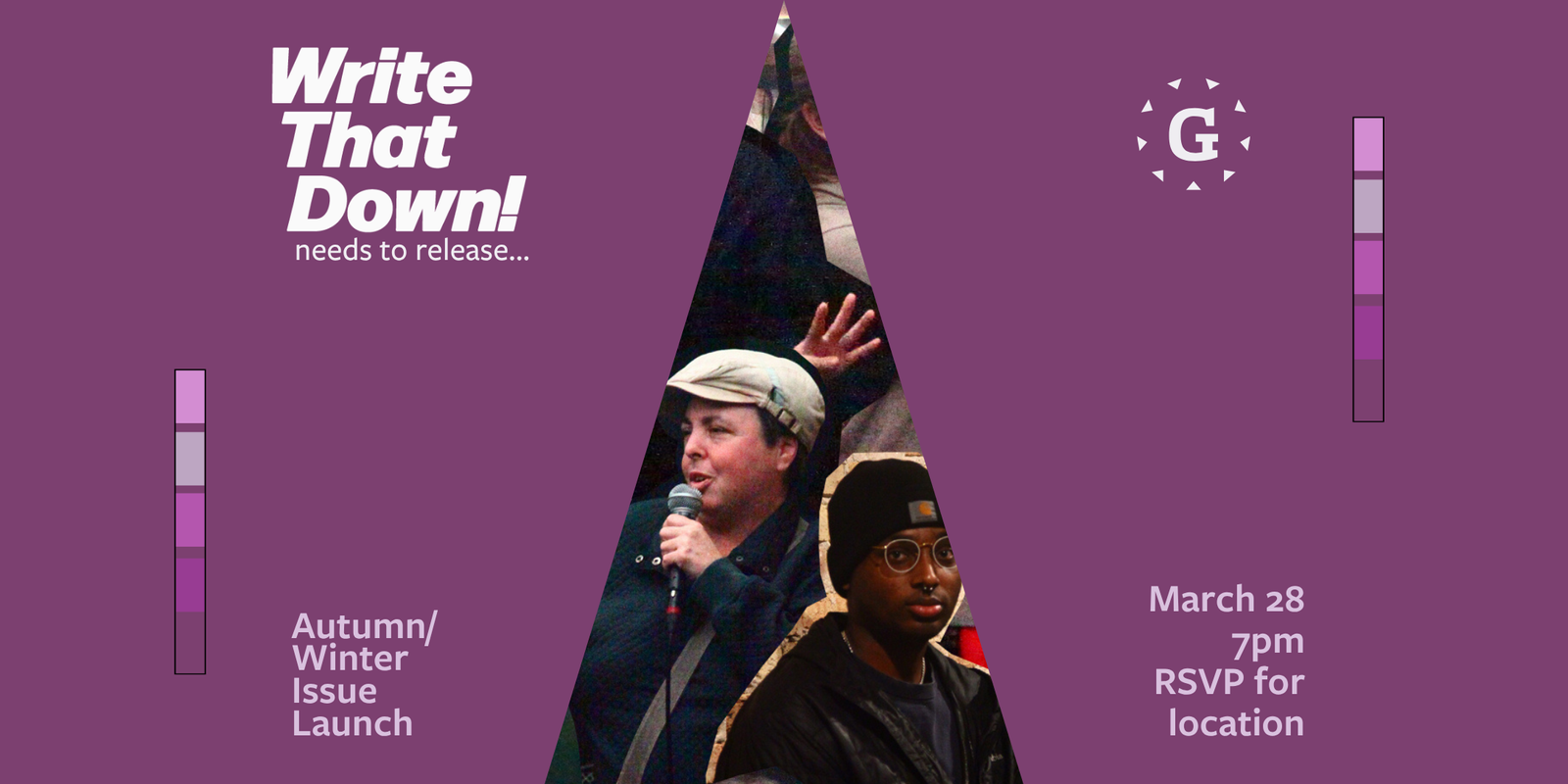 Write That Down! event photo collage in center, with launch details and logos on purple background.