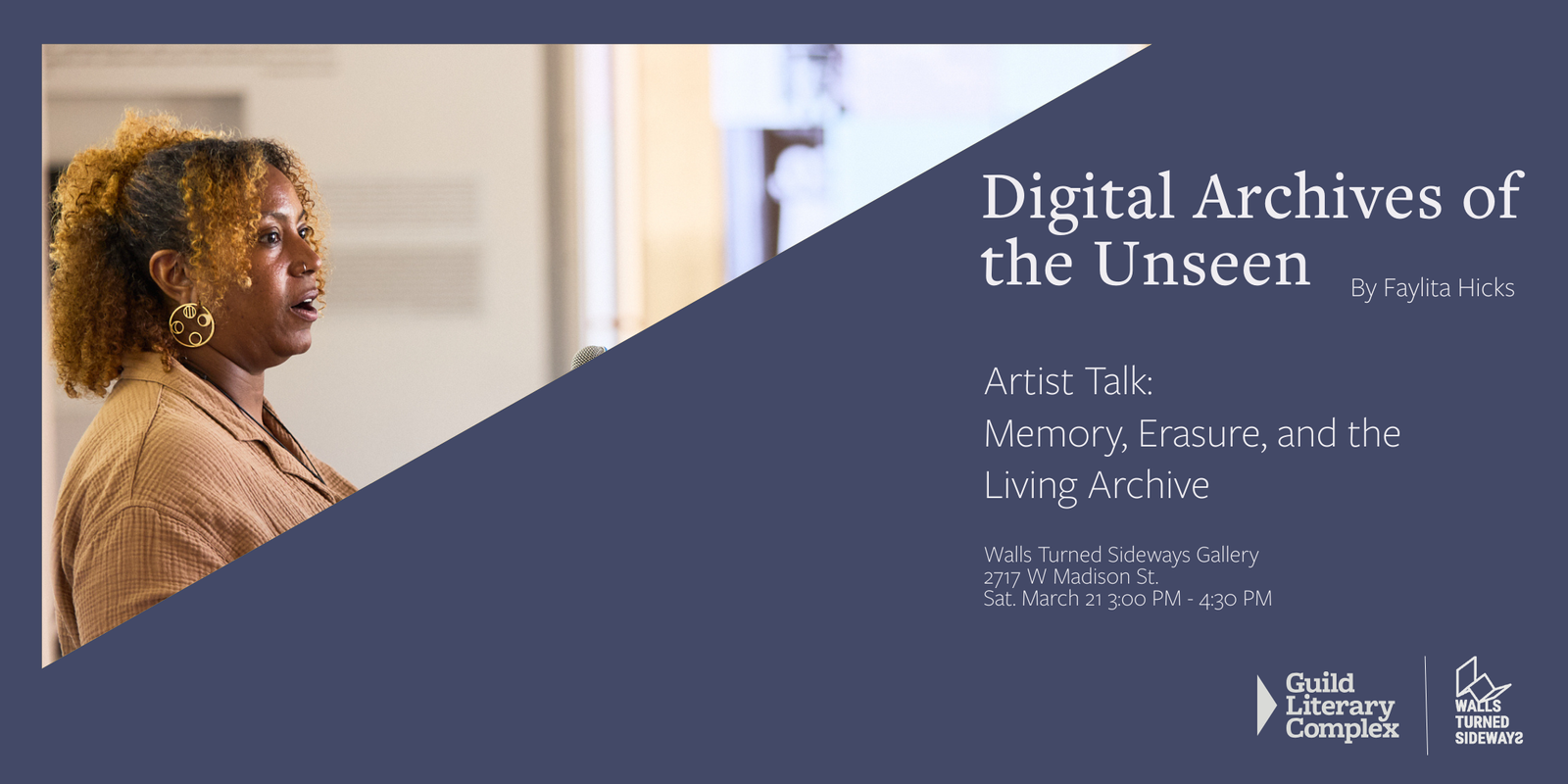 Eventbrite Banner for Artist talk by Faylita Hicks. Picture of Faylita at the mic and info in the text.