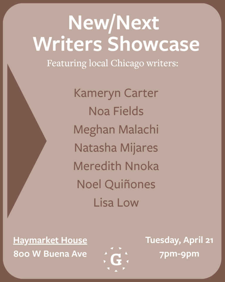 Brown event flyer with names of artists, event info, and side triangle