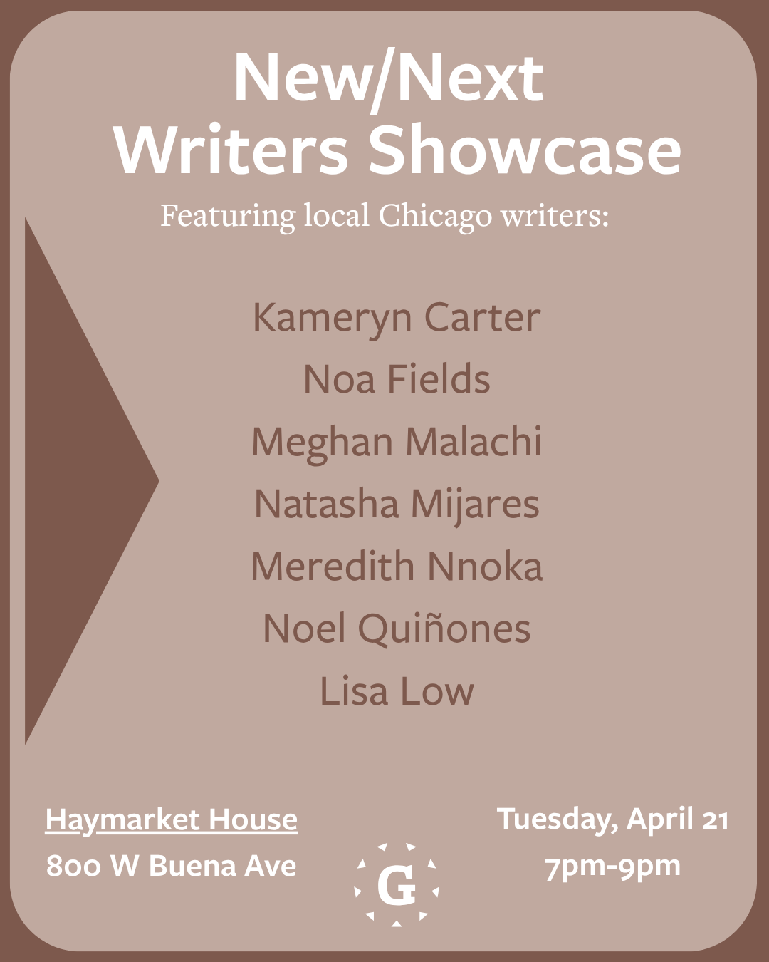 Brown event flyer with names of artists, event info, and side triangle