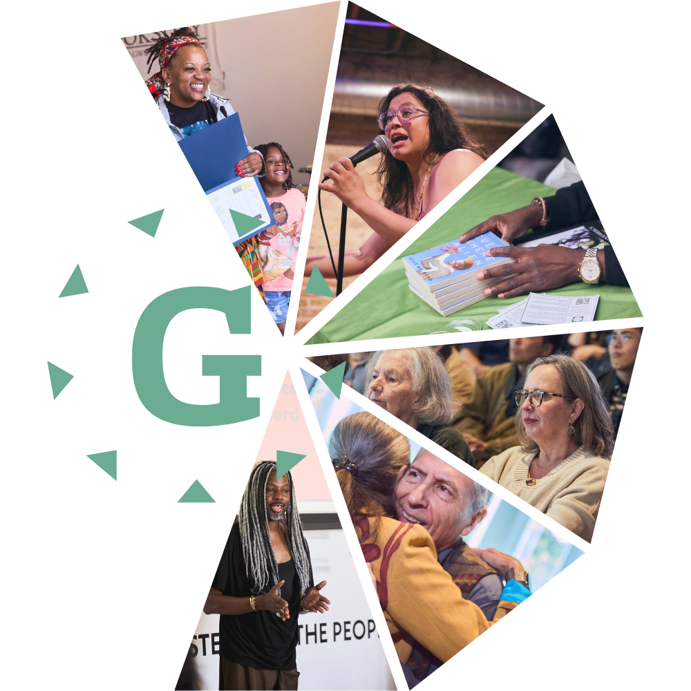 Graphic with a series of programming photographs cropped in triangles creating a sunburst around the Guild Complex "G" icon.