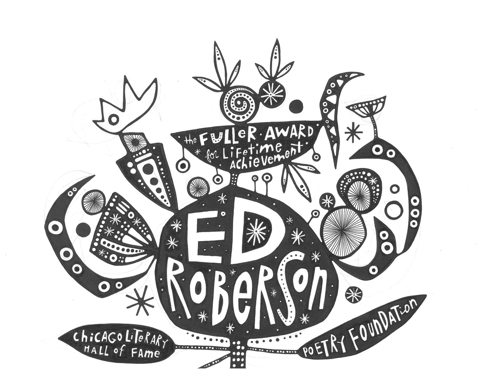 Black and white sketch for ed roberson flyer, Chicago Literary Hall of Fame