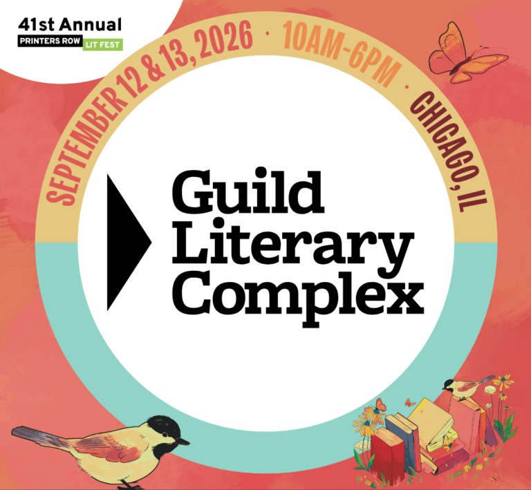 Printers Row Lit Fest logo with animated birds on a salmon colored background.